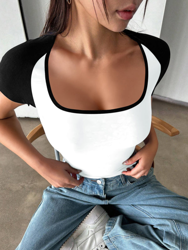 Y2K Slim Fit U-Neck Tee stylish Contrast Short Sleeve Top for Women