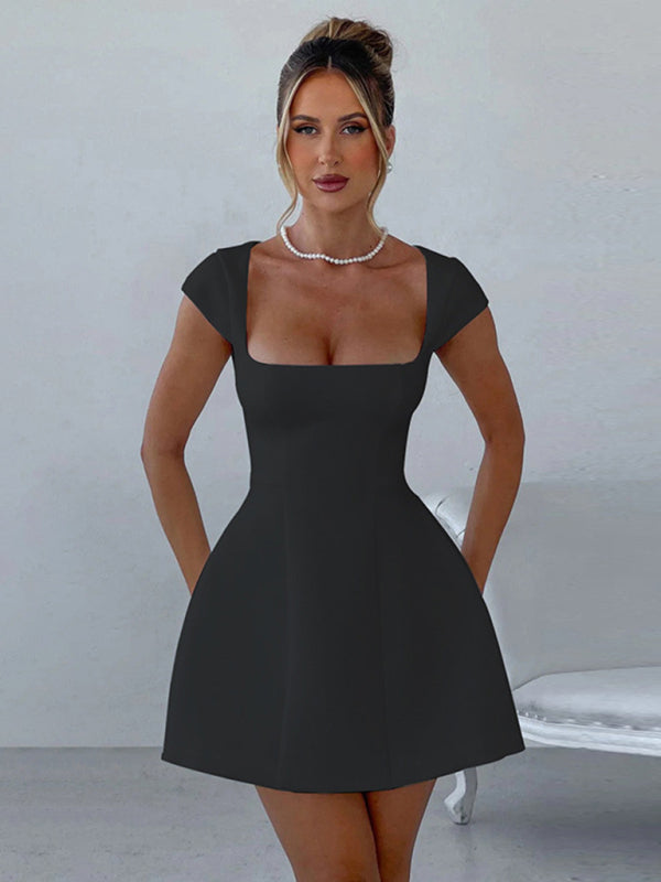 Chic Square Neck A-Line Dress – Elegant Short Sleeve Party Dress