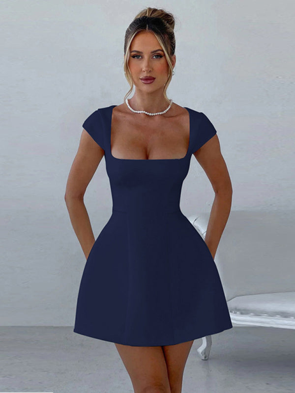 Chic Square Neck A-Line Dress – Elegant Short Sleeve Party Dress