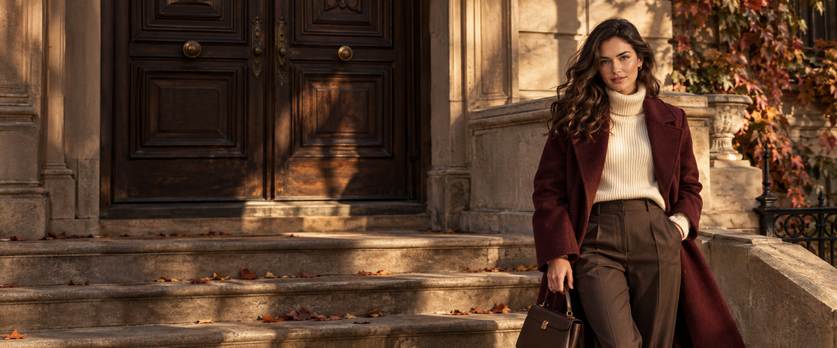 Woman wearing a burgundy coat and ivory knit sweater outside a townhouse in warm autumn light