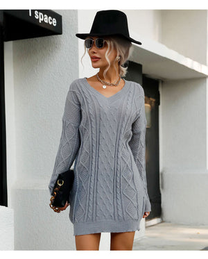 🔥 Cozy Chic Grey Sweater Dress Long Sleeve V-Neck – Fall Winter Must-Have ✨